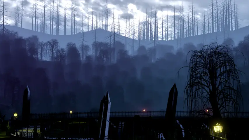aged cemetry with leafless trees, tombstones and a distant hill with husky mist as well as dead trees