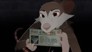 Calum the mouse biting upon his recently issued government ID after he had attended the Census
